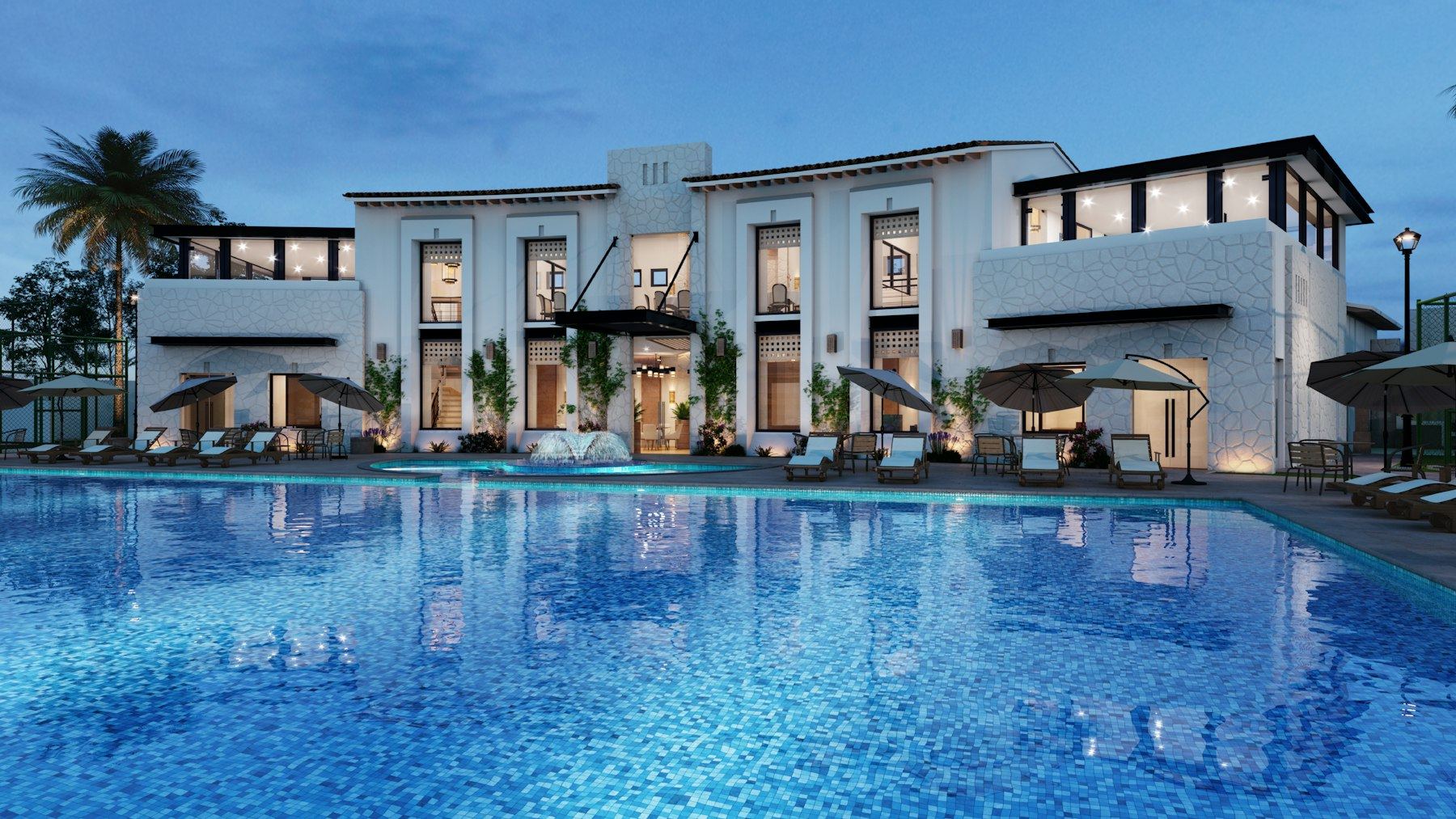 A hotel exterior and pool in the evening, representing property and facility support